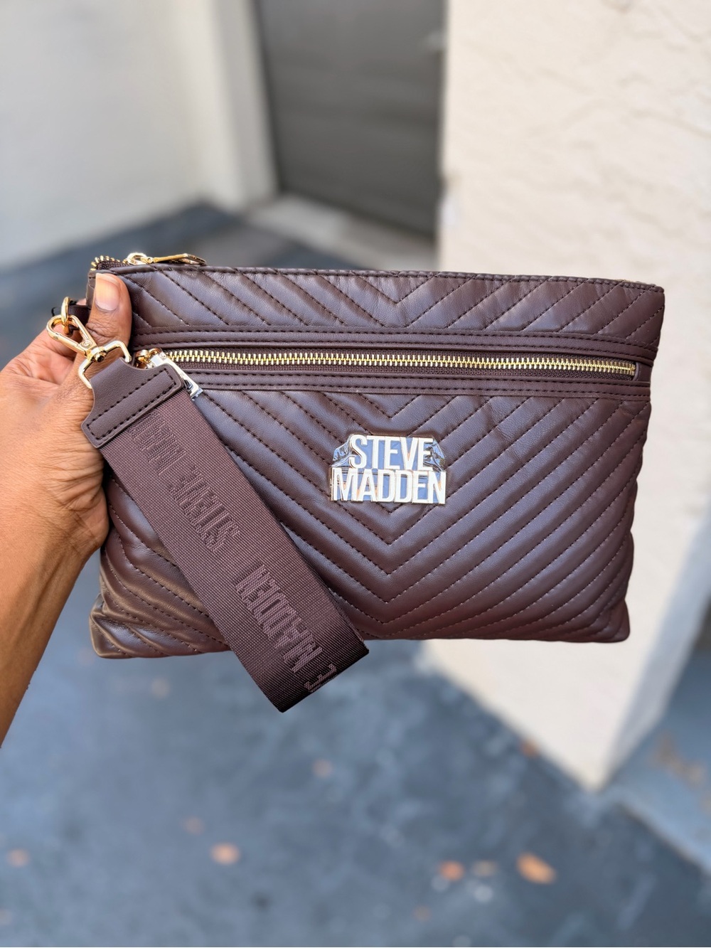 Steve Madden Chocolate Brown Quilted Wristlet with Gold Hardware